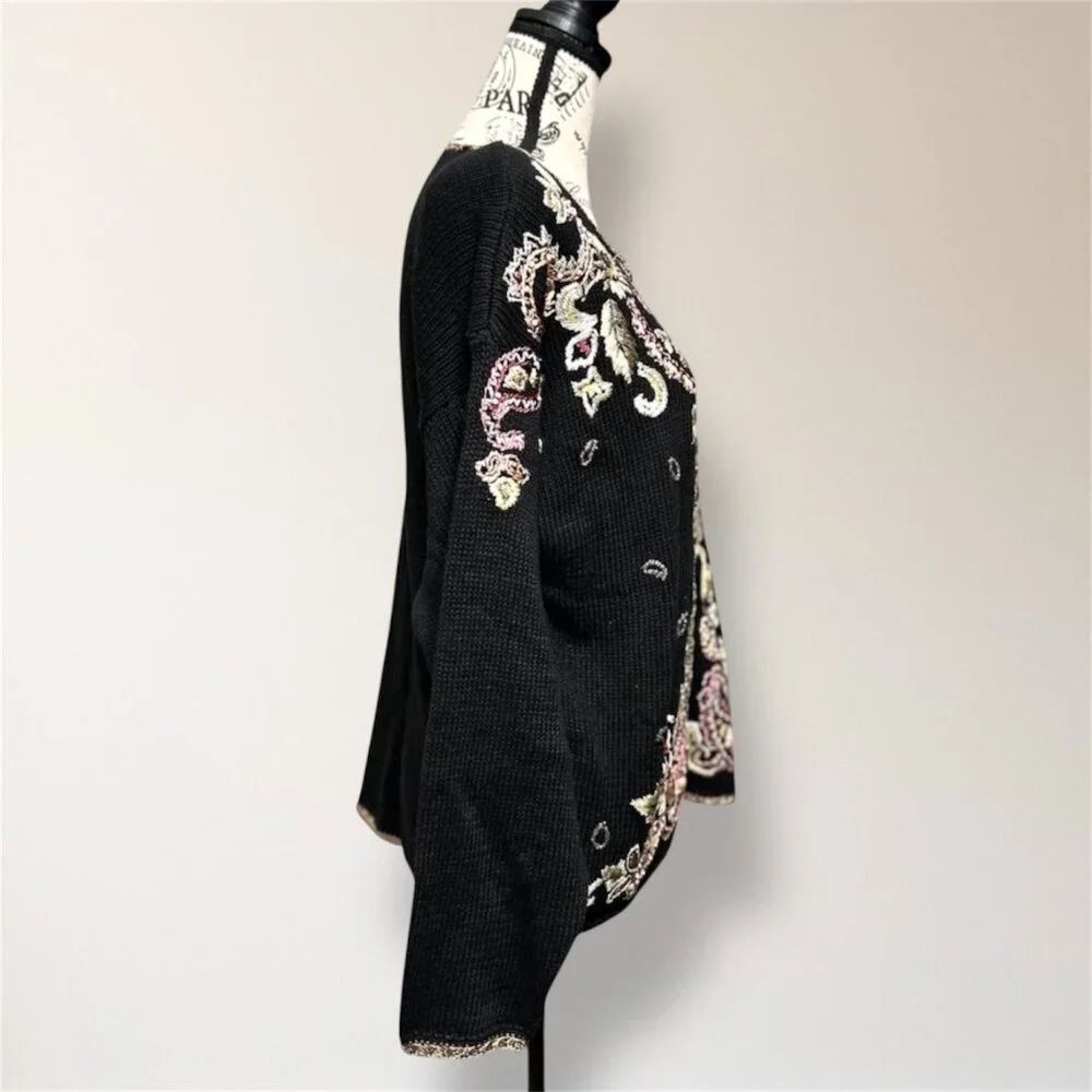 Heirloom Collectibles L Black Floral Embroidered Cardigan Boho Cottage Y2K NWT - Picture 2 of 7